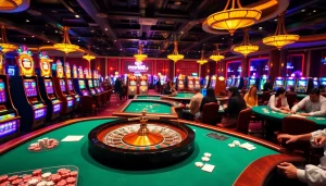 Exciting casino scene at mm88 sa com with roulette wheel and vibrant slot machines.