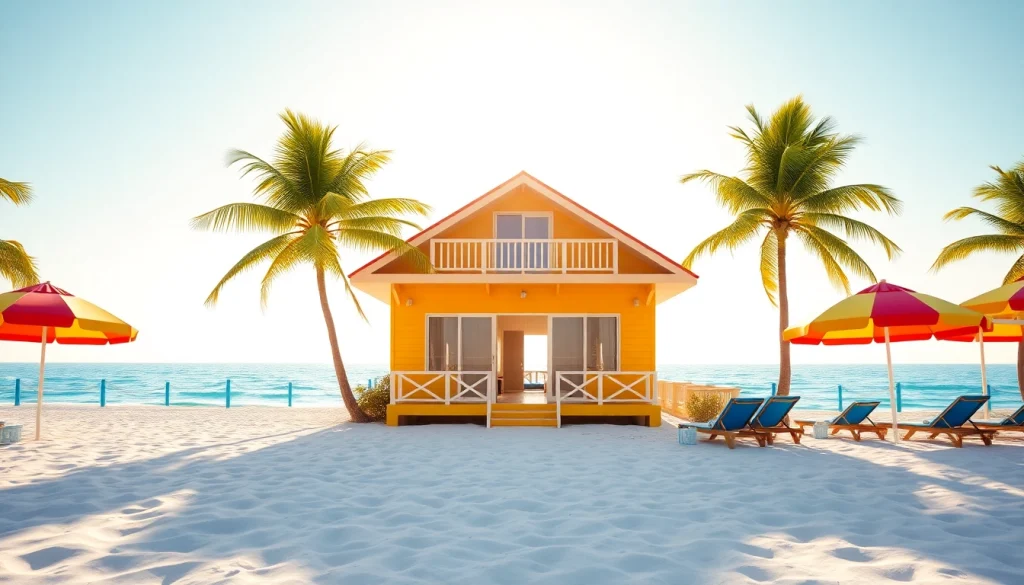 Relax in a coastal cabana with a picturesque beach view featuring palm trees and sunlit ambiance.