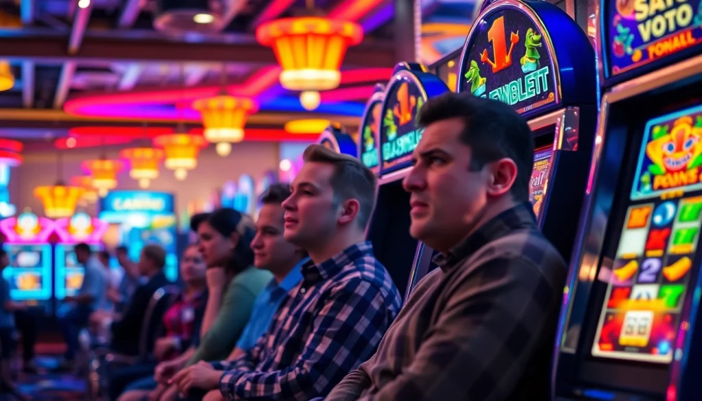 Putar slot pada mesin slot berwarna-warni di kasino yang ramai dengan pengunjung.