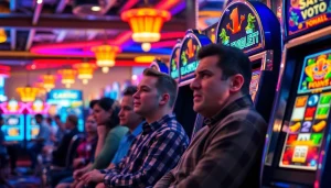 Putar slot pada mesin slot berwarna-warni di kasino yang ramai dengan pengunjung.