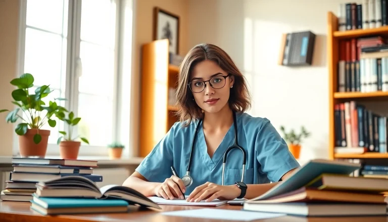 Engaging nurse writing about cheap nursing papers in a bright study environment.