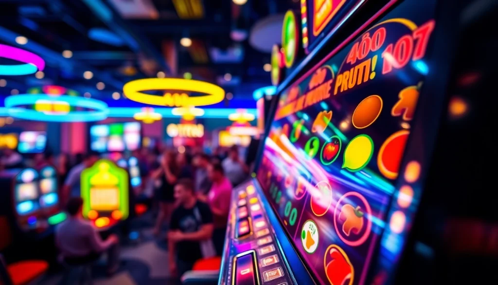 Jelajahi slot mesin dengan simbol buah yang berwarna-warni di kasino, dikelilingi oleh para pemain antusias.