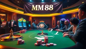 Experience the excitement of MM 88 with players engaging at a luxurious poker table.