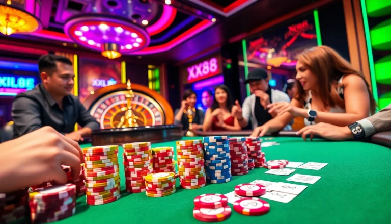 Experience the thrill of XX88 as players strategize around a poker table in a lively casino setting, surrounded by vibrant lights.