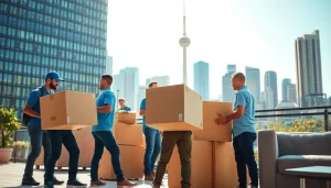Toronto moving company team efficiently relocating in the vibrant urban backdrop of Toronto.