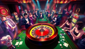 Experience exhilarating thrills at 79king with vibrant casino tables, roulette wheels, and enthusiastic players.