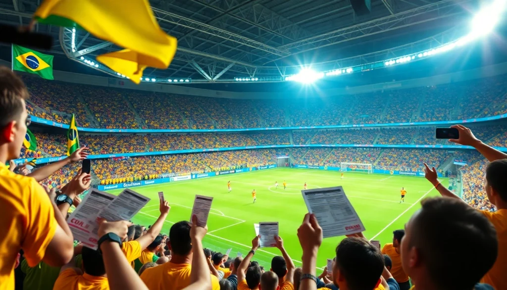 Fans engaged in sports betting in Brazil while celebrating a match, highlighting the thrill of betting.