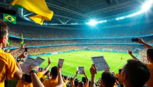 Fans engaged in sports betting in Brazil while celebrating a match, highlighting the thrill of betting.