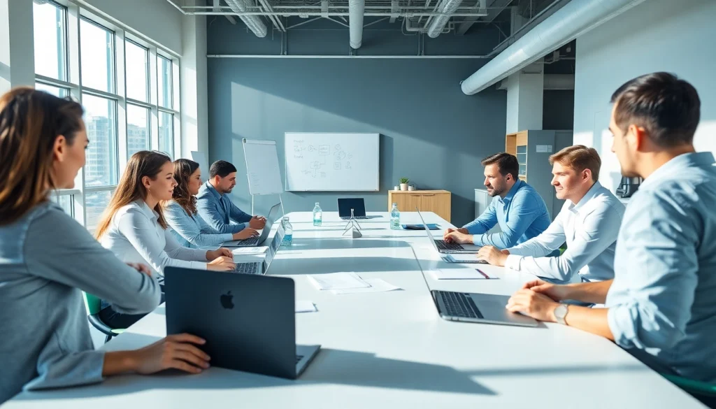 Team collaborating on business strategies at https://valuesfirst.com in a modern office setup.