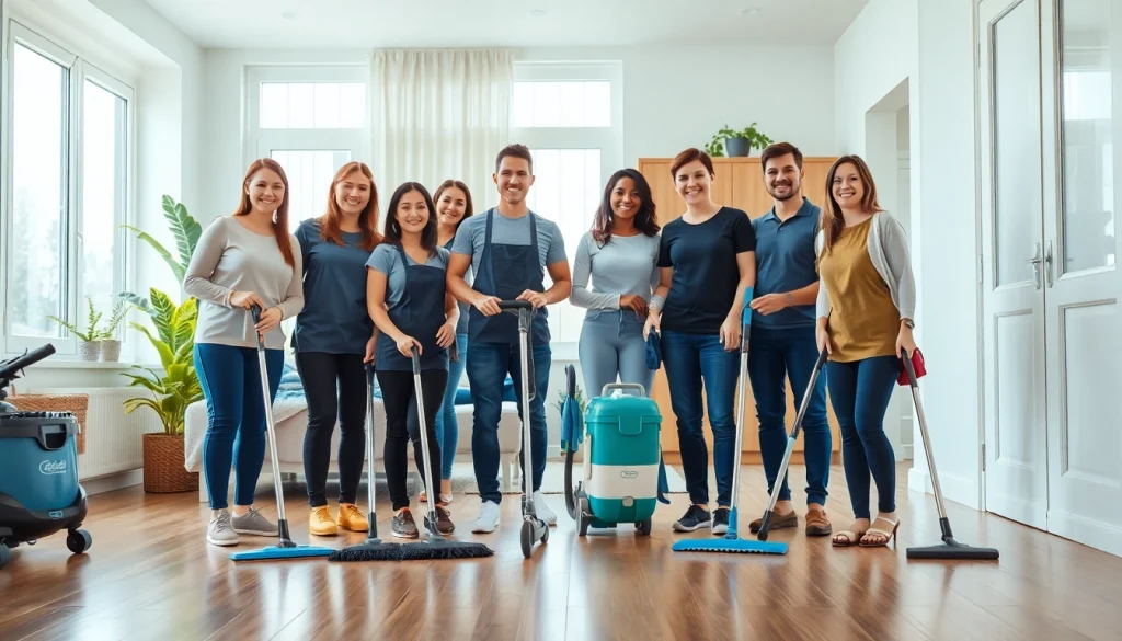 Cleaning Service team tidying up a bright, modern home, showcasing their professionalism and tools.
