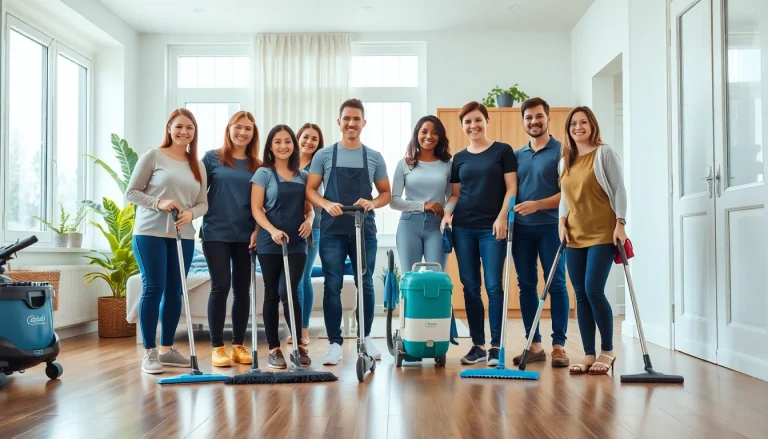 Cleaning Service team tidying up a bright, modern home, showcasing their professionalism and tools.