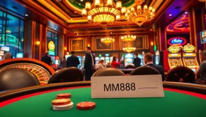 Experience thrilling moments at MM88 casino with players at a poker table surrounded by vibrant gaming elements.