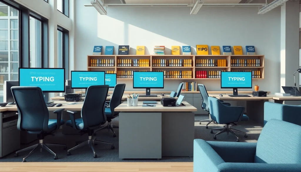 Showcasing a modern typing center with ergonomic furniture and high-tech equipment designed for productivity.