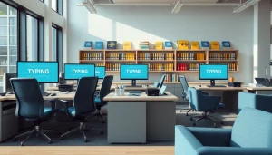 Showcasing a modern typing center with ergonomic furniture and high-tech equipment designed for productivity.
