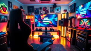 Menggunakan layar ganda untuk memainkan login lapak303 game, dengan kursi gaming nyaman dan pencahayaan dramatis.