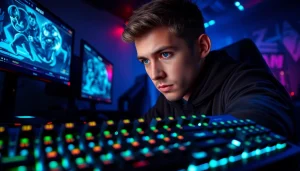 Engaged gamer competing in an intense RR88 match with a dynamic gaming setup.