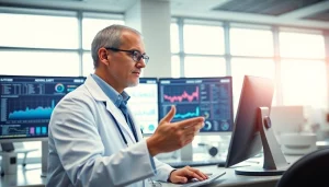 Doctor analyzing data on the ADAPTABLE Aspirin Study in a modern clinical setting.