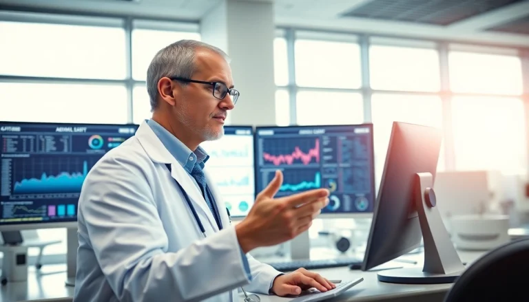 Doctor analyzing data on the ADAPTABLE Aspirin Study in a modern clinical setting.