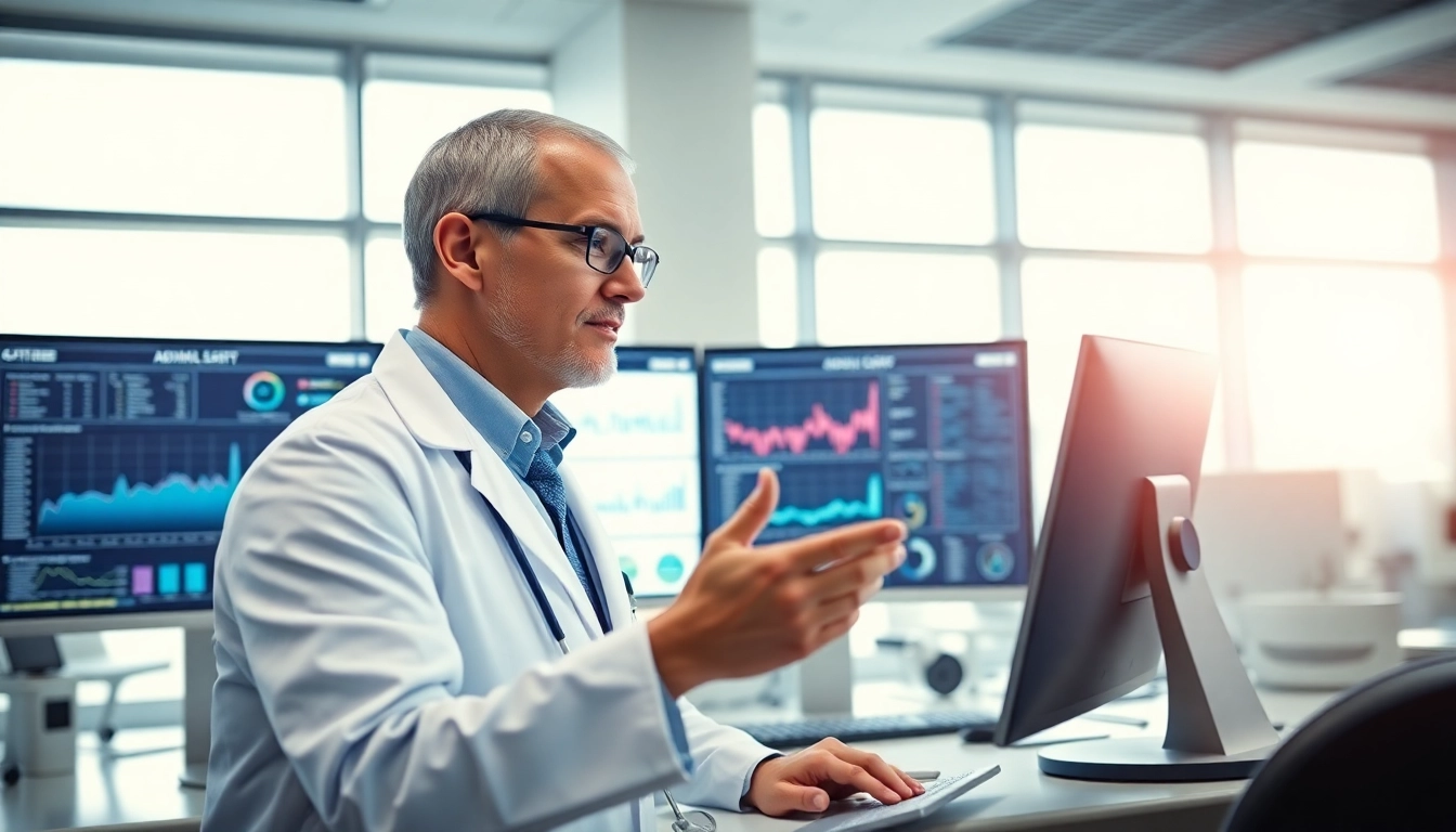 Doctor analyzing data on the ADAPTABLE Aspirin Study in a modern clinical setting.