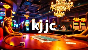 Experience the thrill of gambling at KJC's vibrant poker table, where players are immersed in high-stakes excitement.