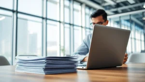 B2B mystery shopping analysis with a business analyst reviewing reports in an office setting