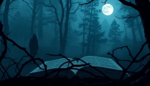 Engaging thriller book cover showcasing a shadowy figure in a mysterious forest, evoking suspense.