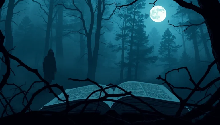 Engaging thriller book cover showcasing a shadowy figure in a mysterious forest, evoking suspense.