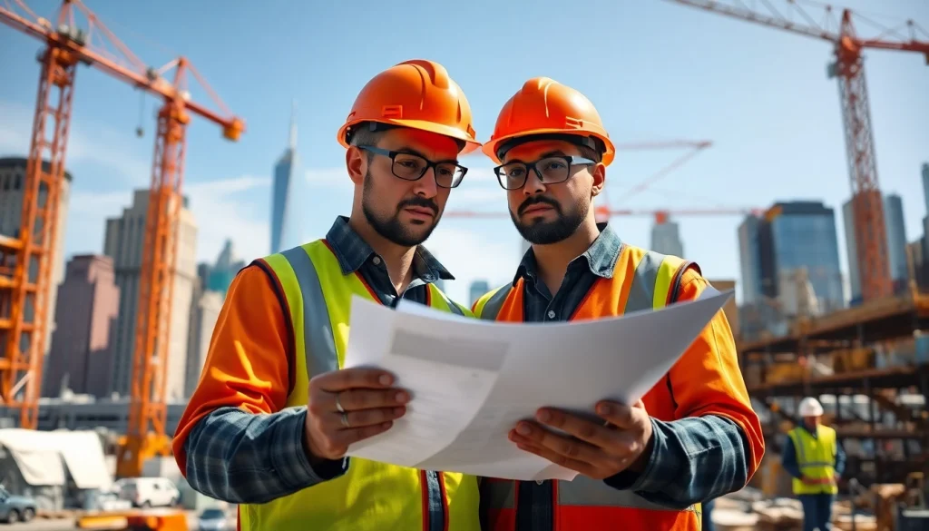 New York City Construction Manager discussing plans amidst a dynamic construction site environment.