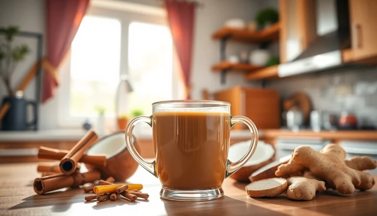 Mixing what to put in coffee for weight loss, featuring coffee, cinnamon, and coconut oil in a kitchen setting.