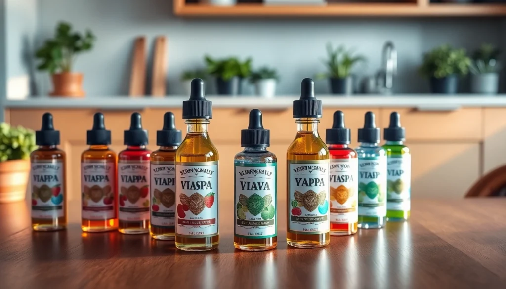 Verlockende liquid Flaschen auf einem eleganten Holztablett arrangiert, die frische Aromen anziehen.