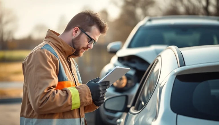 Kfz Gutachter Düren überprüft ein beschädigtes Fahrzeug vor Ort mit professionellem Equipment.