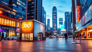 Engaging JBO real estate branding amidst a vibrant city backdrop showcasing digital integration.