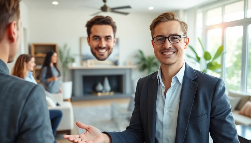 Real Estate agent showcasing a modern home at an open house with inviting decor.