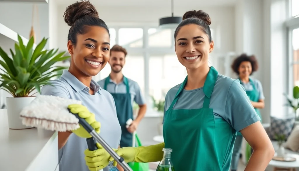 Engaged cleaning service team efficiently transforming a modern home environment.