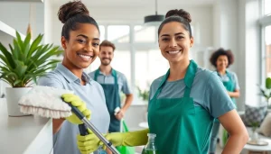Engaged cleaning service team efficiently transforming a modern home environment.