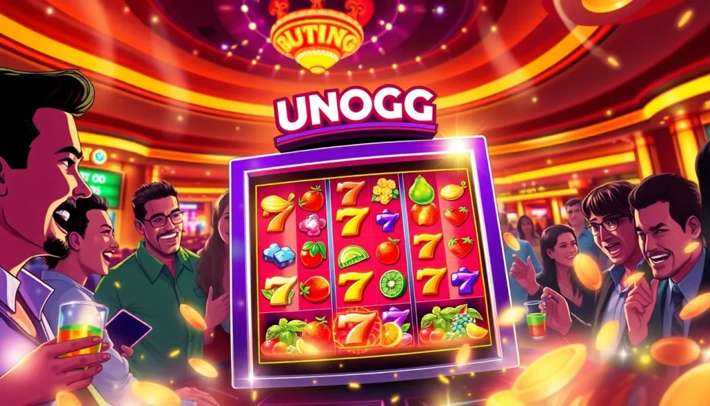 Permainan Unogg slot game yang menyenangkan dengan banyak simbol dan suasana kasino yang ramai.