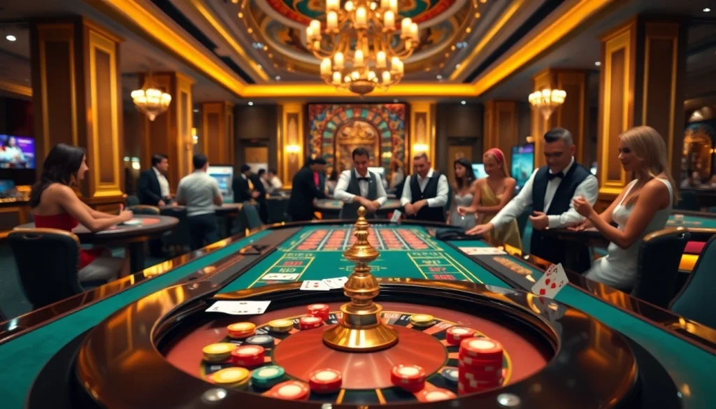 Menggambarkan kasinojitu dengan suasana permainan yang meriah dan dekorasi mewah.