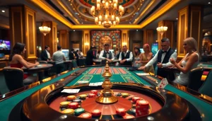 Menggambarkan kasinojitu dengan suasana permainan yang meriah dan dekorasi mewah.