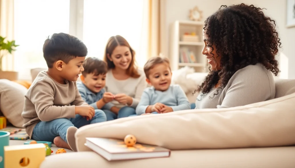 Engaged Live-in Nanny Abu Dhabi playing with children in a bright, cozy living room
