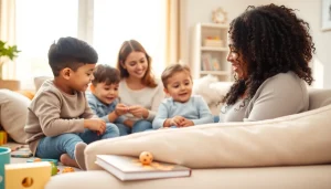 Engaged Live-in Nanny Abu Dhabi playing with children in a bright, cozy living room