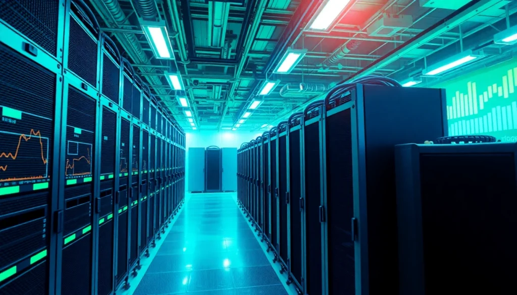 Crypto mining facility showcasing advanced ASIC miners and digital interfaces.