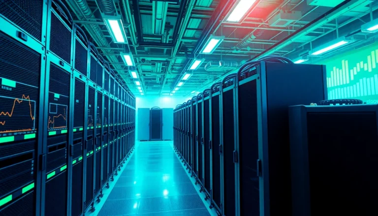 Crypto mining facility showcasing advanced ASIC miners and digital interfaces.