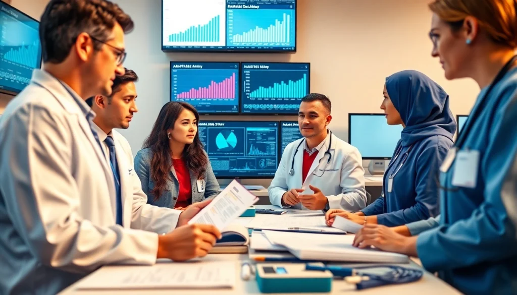 Team actively discussing findings of the ADAPTABLE Aspirin Study amidst research data.