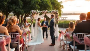 A stunning Tampa River Center wedding scene capturing a couple exchanging vows surrounded by greenery and sunset hues.