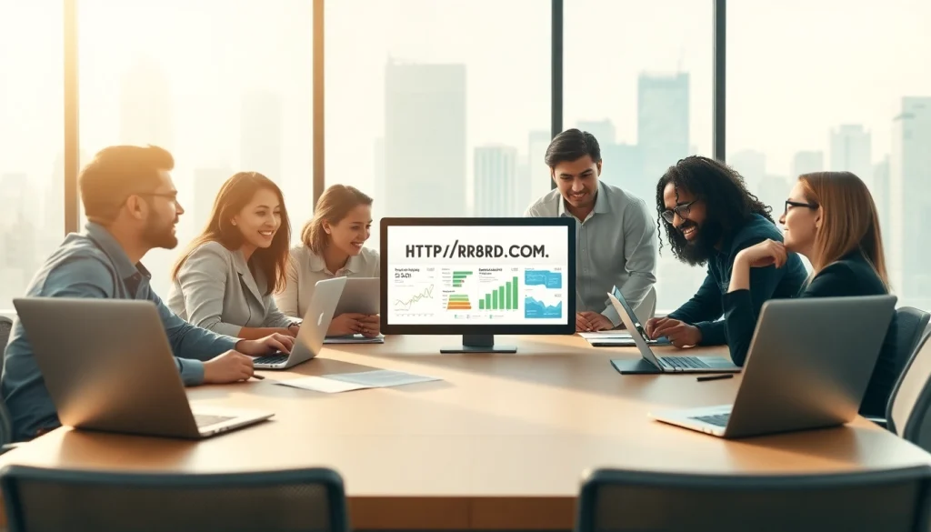 Engaged team discussing strategies with website https://rr88rd.com/ displayed on a laptop.