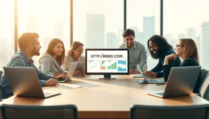 Engaged team discussing strategies with website https://rr88rd.com/ displayed on a laptop.