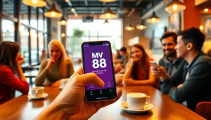 Mv 88 app interface displayed on a smartphone in a trendy café setting, showcasing user engagement.