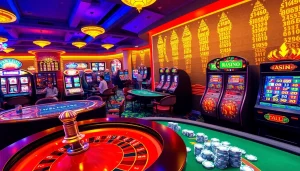 KJC AC 2 casino scene featuring lively players at tables, roulette wheel, and slot machines.