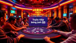 Exciting poker game at a casino showcasing Trực Tiếp Bóng Đá EU betting options for soccer.