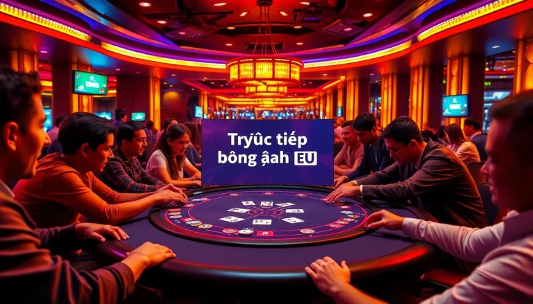 Exciting poker game at a casino showcasing Trực Tiếp Bóng Đá EU betting options for soccer.